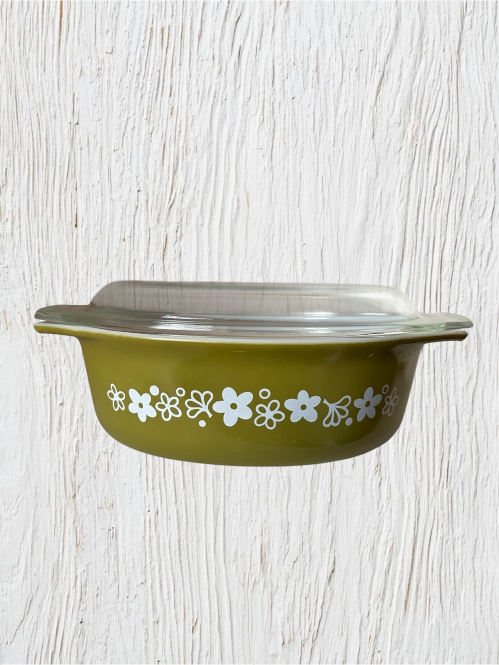 Pyrex Olive Green Floral Covered Casserole Dish
